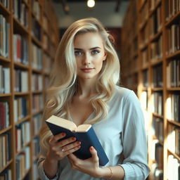 A blonde woman gracefully holding a book, her hair shimmering under the light, creating a serene and intellectual atmosphere