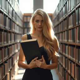 A blonde woman gracefully holding a book, her hair shimmering under the light, creating a serene and intellectual atmosphere