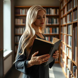 A blonde woman gracefully holding a book, her hair shimmering under the light, creating a serene and intellectual atmosphere