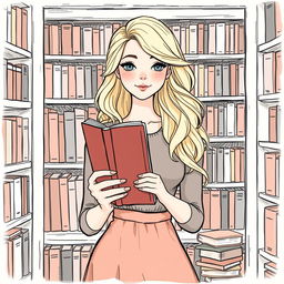 A drawing of a blonde woman holding a book, her hair elegantly styled, creating a whimsical and intellectual vibe