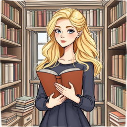 A drawing of a blonde woman holding a book, her hair elegantly styled, creating a whimsical and intellectual vibe