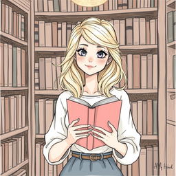 A drawing of a blonde woman holding a book, her hair elegantly styled, creating a whimsical and intellectual vibe