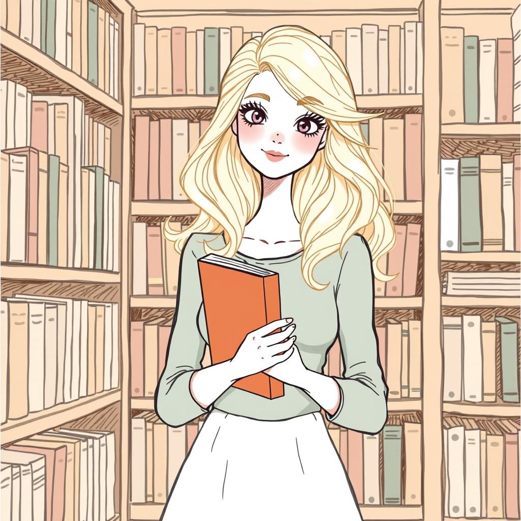 A drawing of a blonde woman holding a book, her hair elegantly styled, creating a whimsical and intellectual vibe