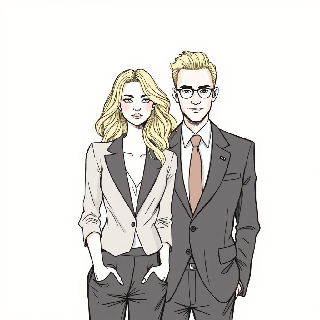 A drawing of a blonde woman standing next to a man in a suit