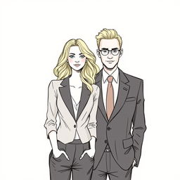 A drawing of a blonde woman standing next to a man in a suit