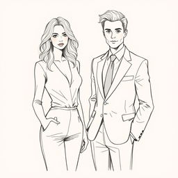 A drawing of a blonde woman standing next to a man in a suit