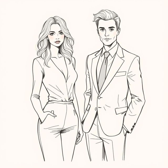 A drawing of a blonde woman standing next to a man in a suit