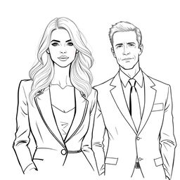 A drawing of a blonde woman standing next to a man in a suit