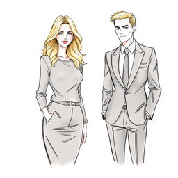 A drawing of a blonde woman standing next to a man in a suit