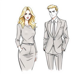 A drawing of a blonde woman standing next to a man in a suit