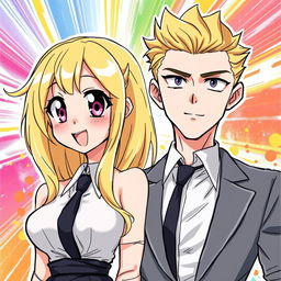 An anime-style drawing of a blonde woman standing next to a man in a suit