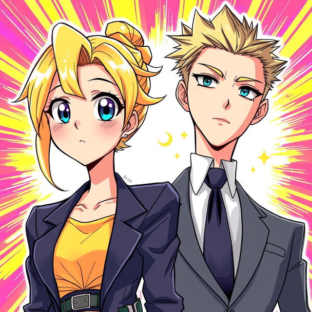 An anime-style drawing of a blonde woman standing next to a man in a suit