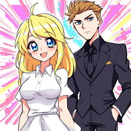 An anime-style drawing of a blonde woman standing next to a man in a suit