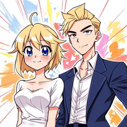 An anime-style drawing of a blonde woman standing next to a man in a suit