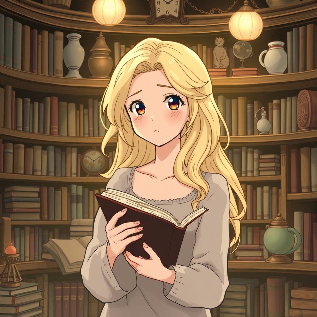 A Studio Ghibli style drawing of a blonde woman holding a book, her hair styled in soft, flowing waves that match the gentle and dreamy atmosphere often found in Ghibli films