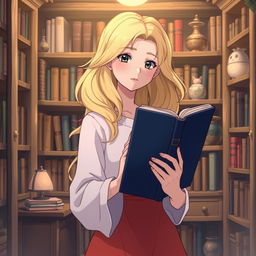 A Studio Ghibli style drawing of a blonde woman holding a book, her hair styled in soft, flowing waves that match the gentle and dreamy atmosphere often found in Ghibli films