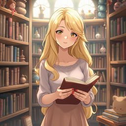 A Studio Ghibli style drawing of a blonde woman holding a book, her hair styled in soft, flowing waves that match the gentle and dreamy atmosphere often found in Ghibli films