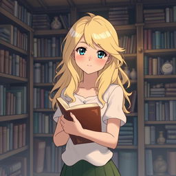 A Studio Ghibli style drawing of a blonde woman holding a book, her hair styled in soft, flowing waves that match the gentle and dreamy atmosphere often found in Ghibli films