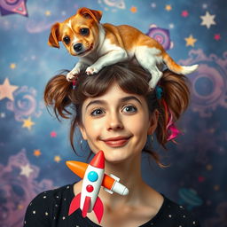 A surreal and imaginative scene featuring a young woman with a playful expression and a toy rocket in her mouth