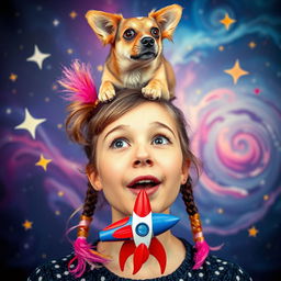 A surreal and imaginative scene featuring a young woman with a playful expression and a toy rocket in her mouth