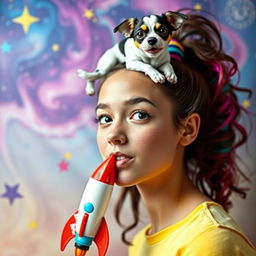 A surreal and imaginative scene featuring a young woman with a playful expression and a toy rocket in her mouth