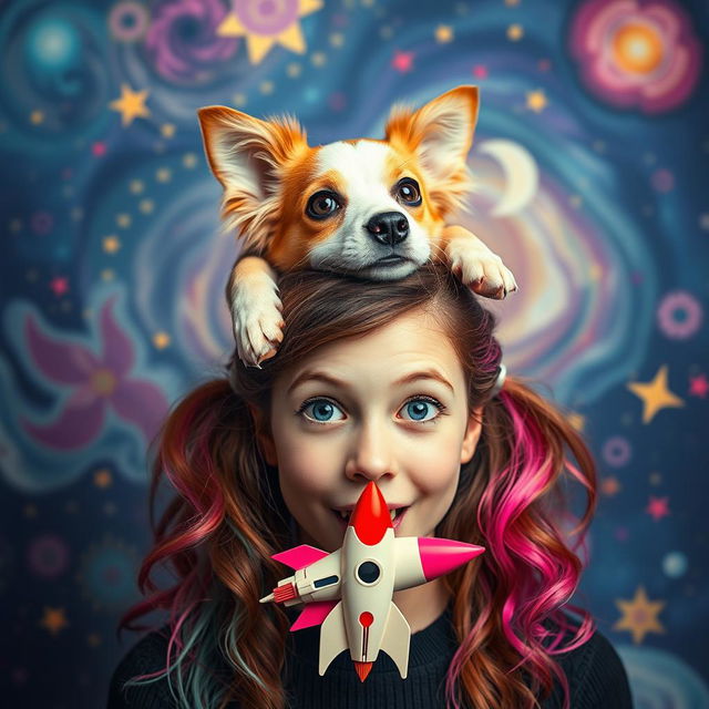 A surreal and imaginative scene featuring a young woman with a playful expression and a toy rocket in her mouth