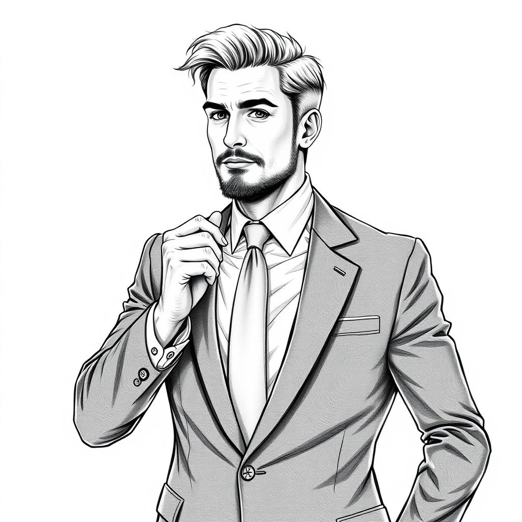 A drawing of a man confidently holding his necktie, portraying a sense of style and sophistication