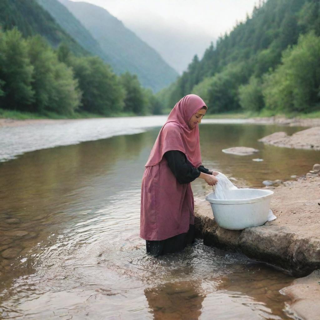 A woman in a hijab washing clothes in a river in a beautiful scenic setting