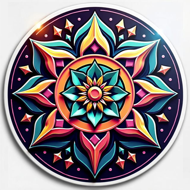 A high-definition circular sticker design with vibrant colors, featuring an intricate pattern in the center