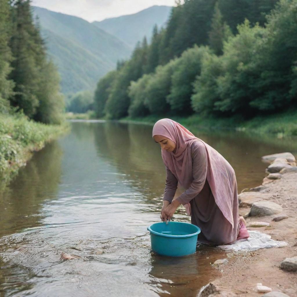 A woman in a hijab washing clothes in a river in a beautiful scenic setting