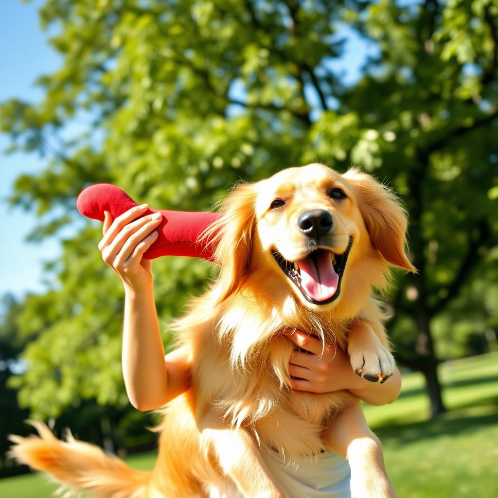 A young woman enjoying a playful moment with her golden retriever in a sunlit park