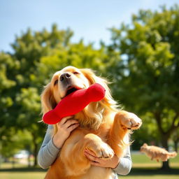 A young woman enjoying a playful moment with her golden retriever in a sunlit park