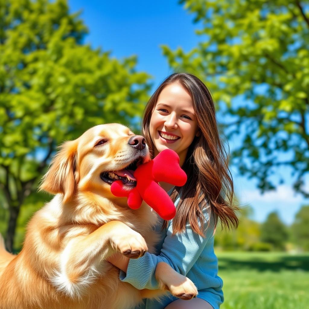 A young woman enjoying a playful moment with her golden retriever in a sunlit park