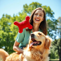 A young woman enjoying a playful moment with her golden retriever in a sunlit park