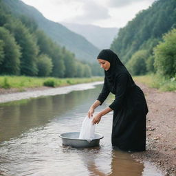 A woman in a hijab washing clothes in a river in a beautiful scenic setting