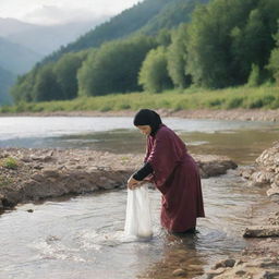 A woman in a hijab washing clothes in a river in a beautiful scenic setting