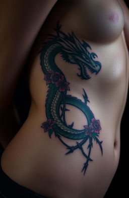 A close-up view of a girl's bare stomach and side, showcasing a vibrant tattoo depicting a bleeding dragon entwined with flowers and thorns