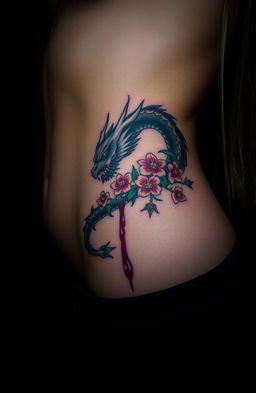 A close-up view of a girl's bare stomach and side, showcasing a vibrant tattoo depicting a bleeding dragon entwined with flowers and thorns