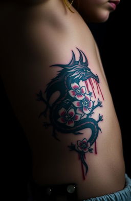 A close-up view of a girl's bare stomach and side, showcasing a vibrant tattoo depicting a bleeding dragon entwined with flowers and thorns