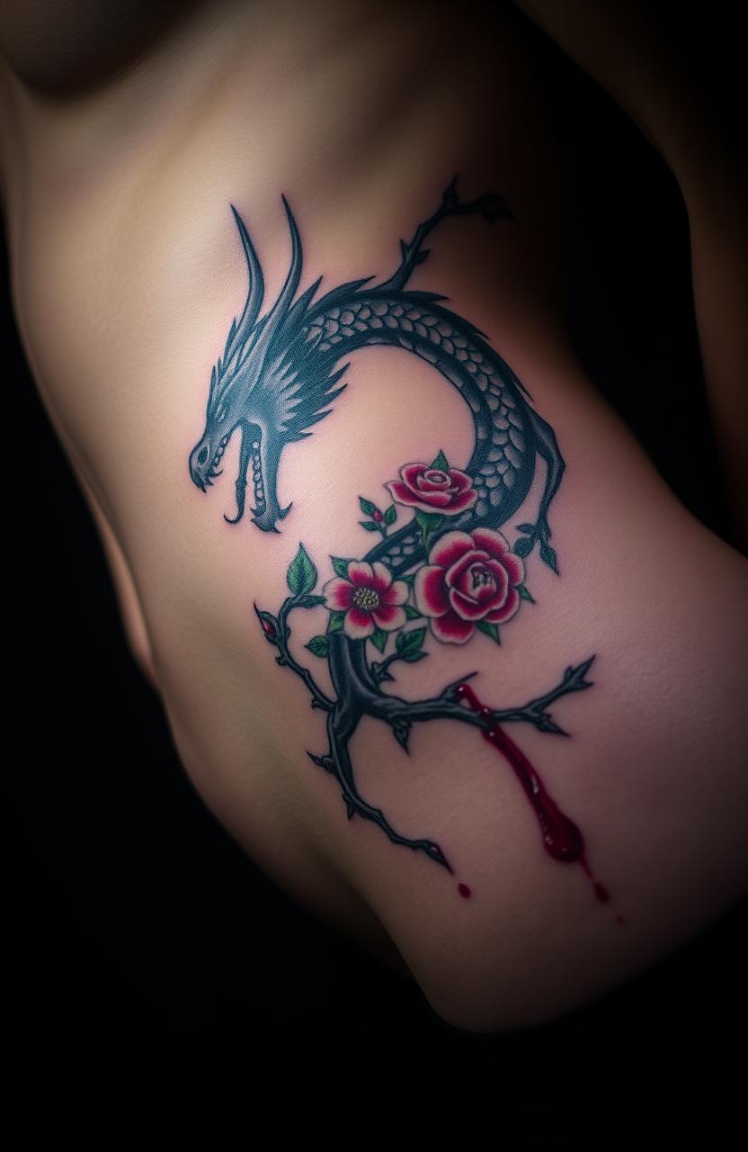 A close-up view of a girl's bare stomach and side, showcasing a vibrant tattoo depicting a bleeding dragon entwined with flowers and thorns