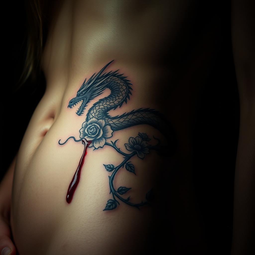 A close-up artistic depiction of a girl's bare skin featuring a detailed tattoo of a bleeding dragon intertwined with flowers and thorns