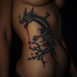 A close-up artistic depiction of a girl's bare skin featuring a detailed tattoo of a bleeding dragon intertwined with flowers and thorns