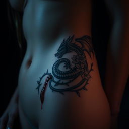 A close-up artistic depiction of a girl's bare skin featuring a detailed tattoo of a bleeding dragon intertwined with flowers and thorns