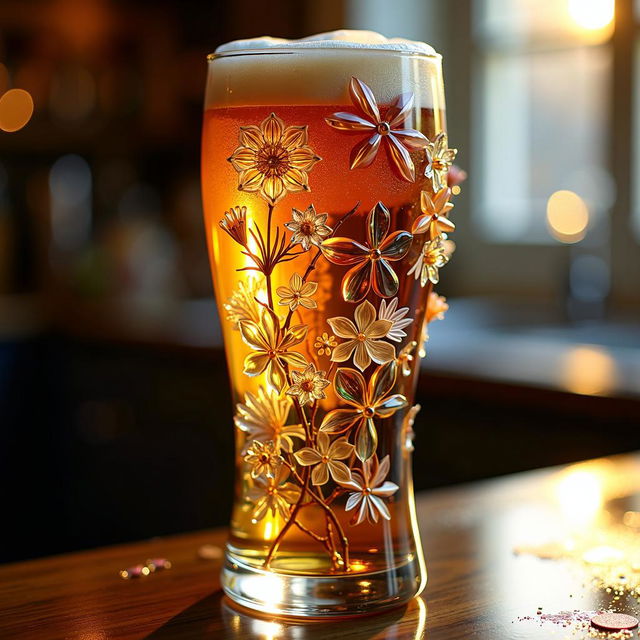 A beautifully crafted pint glass adorned with intricate glass flower details, capturing the essence of elegance and sophistication