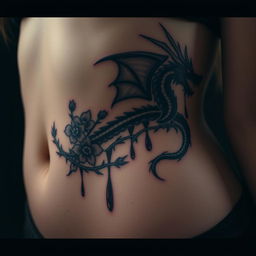 A close-up of a girl's bare skin focusing on her stomach and side, adorned with a tattoo of a bleeding dragon, surrounded by flowers and thorns