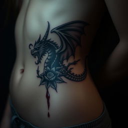 A close-up of a girl's bare skin focusing on her stomach and side, adorned with a tattoo of a bleeding dragon, surrounded by flowers and thorns