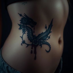 A close-up of a girl's bare skin focusing on her stomach and side, adorned with a tattoo of a bleeding dragon, surrounded by flowers and thorns