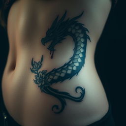 A close-up of a girl's bare skin focusing on her stomach and side, adorned with a tattoo of a bleeding dragon, surrounded by flowers and thorns