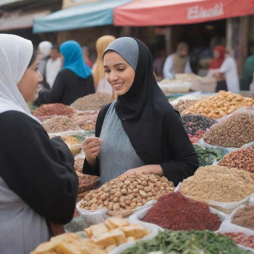 A modest woman wearing a hijab selling various items in a bustling market