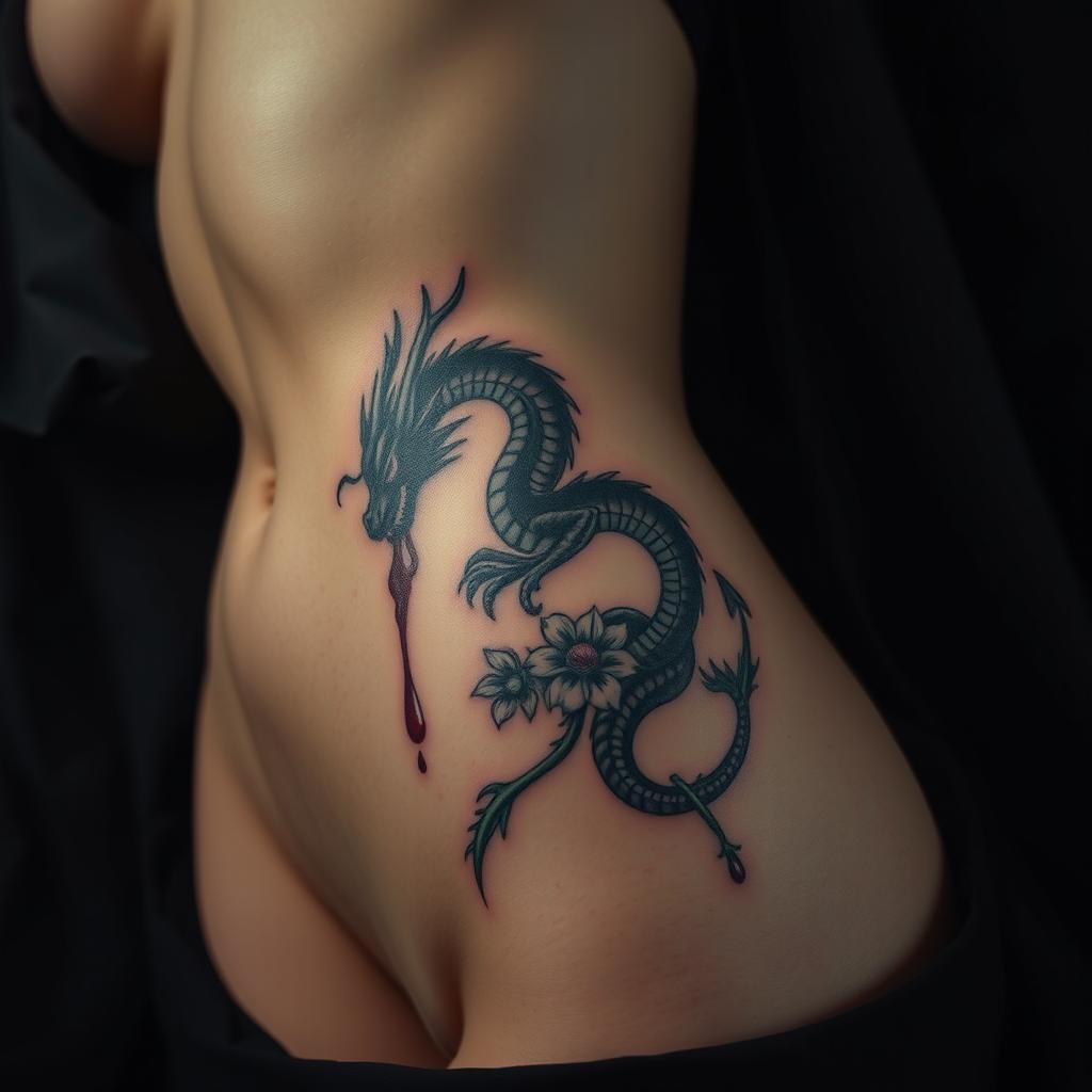 A close-up of a woman's bare stomach and side, featuring a detailed tattoo of a bleeding dragon surrounded by flowers and thorns